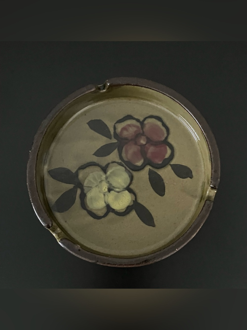 Vintage 1970s Hand Painted Olive Green Floral Ashtray